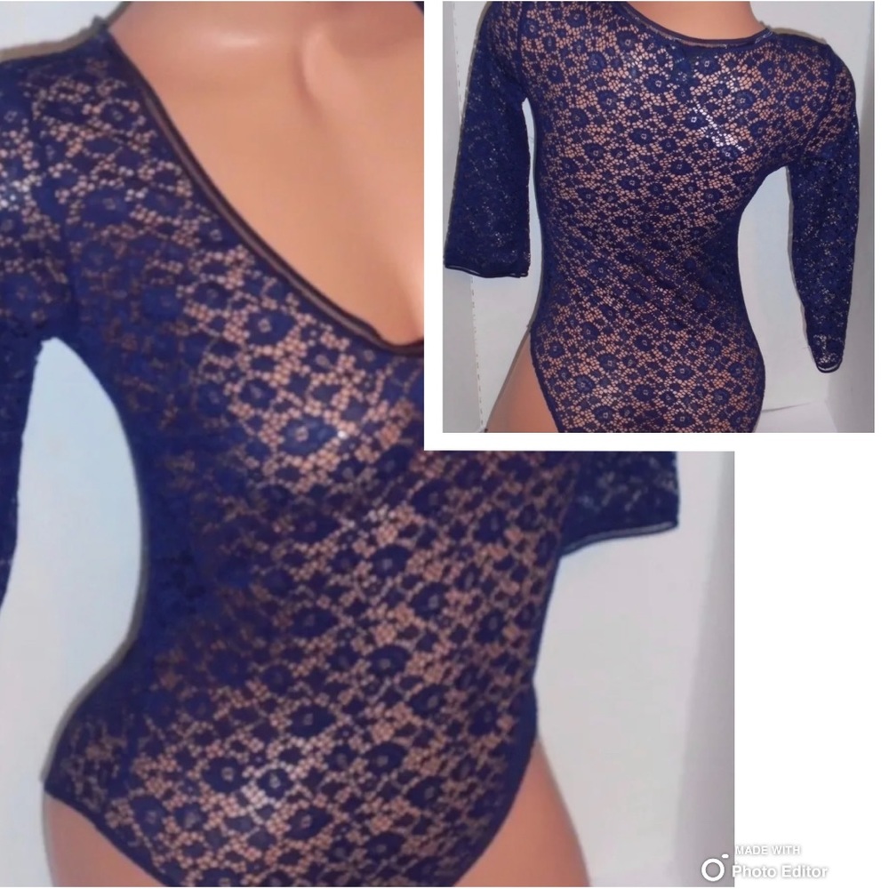 Victoria’s Secret navy lace peek-a-boo teddy bodysuit romper lingerie SM - Picture 7 of 7
